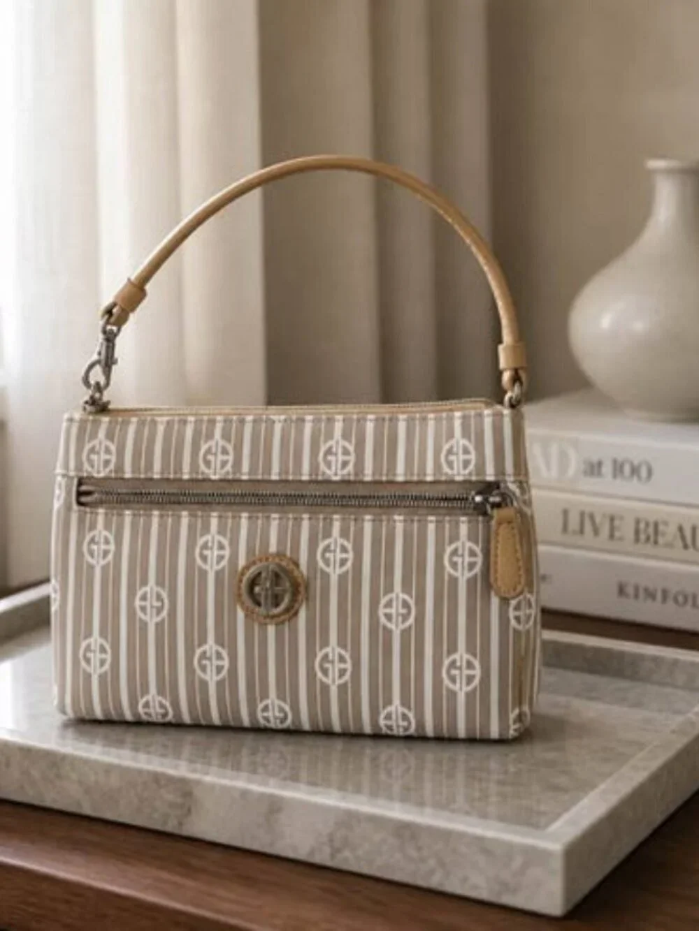 Women's Mini Handbag Beige Monogram Print Top Handle Purse
